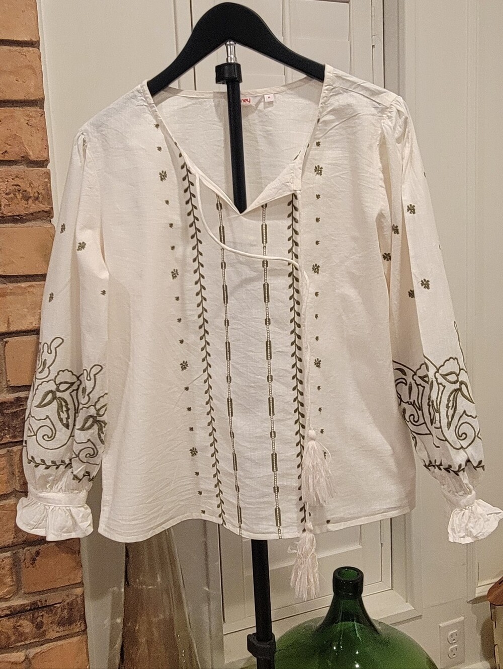 Honey White Embroidered Peasant Blouse with Tassel Tie